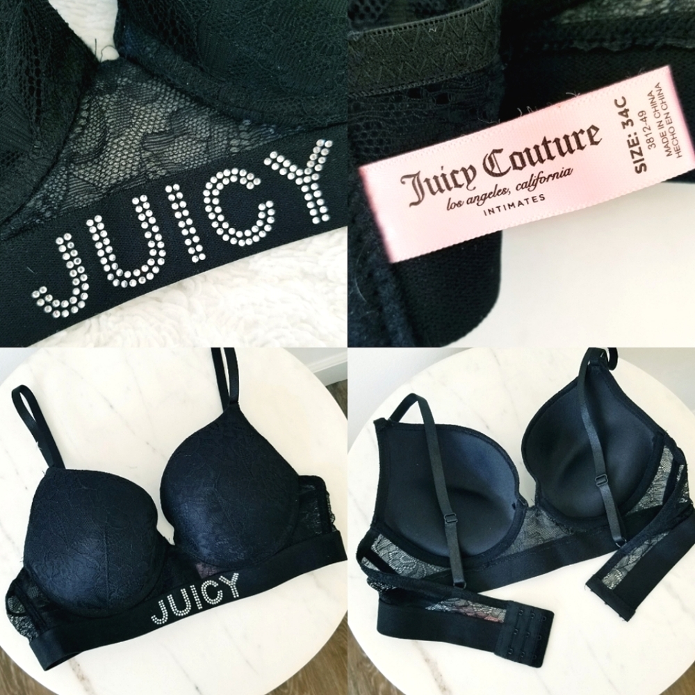 Juicy Couture Rhinestone Crystal Push-up Bra with Black Lace NWT